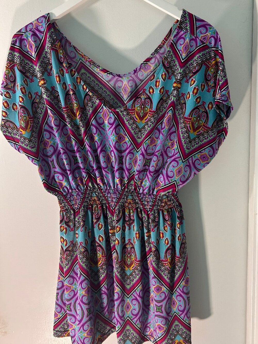 WinWin L/XL Colorful Boho Smocked-Waist Tunic Top